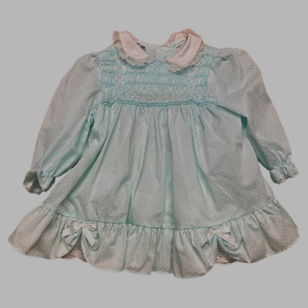 Vintage Girls Polly Flinders‎ Blue White Polka Dot Long Sleeve Dress  12 Months